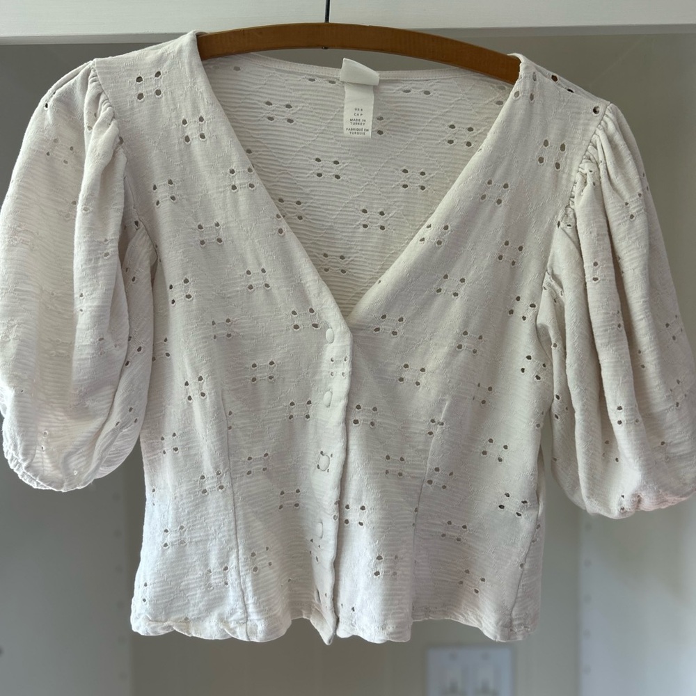 H&M White Puff Sleeve Cropped Blouse